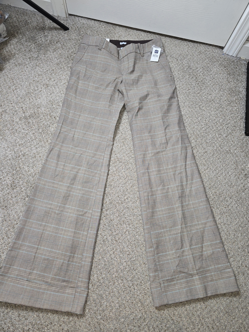 2001 Y2K GAP Women's Beige Plaid Ultra Low Rise Wide Leg Flare Trousers Size 4